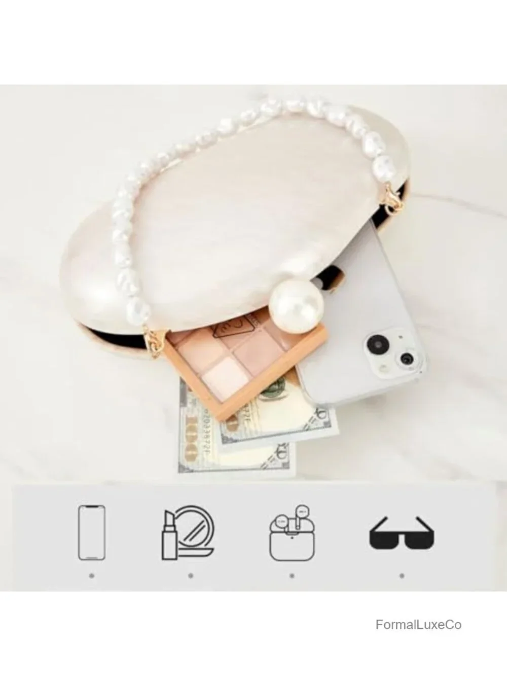 Acrylic Evening Clutch Purse with Pearl Chain Strap Shell Handbag